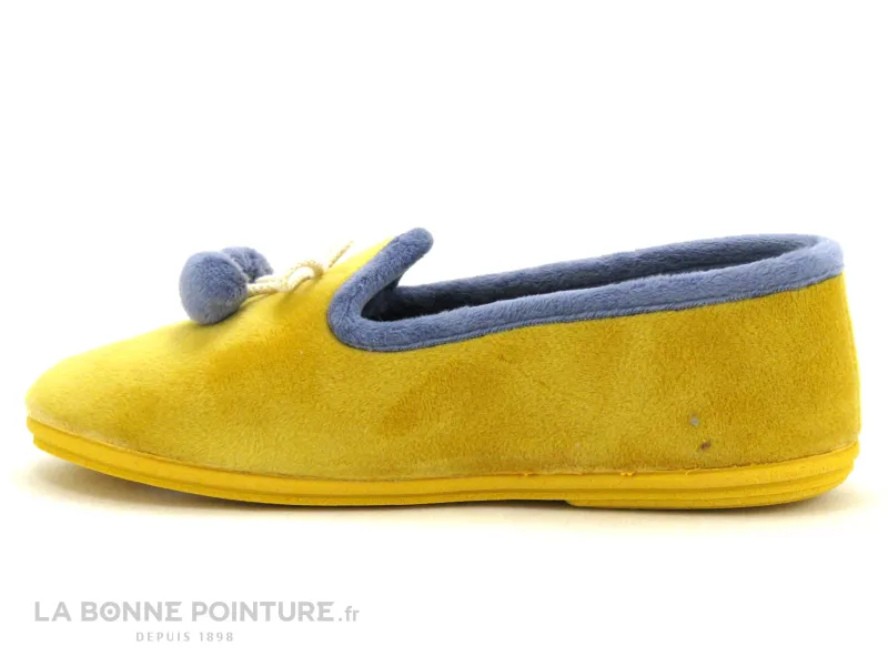 Achat chaussures Ouf ! Femme Pantoufle Chausson, vente Ouf CISTEM Jaune - Pompons bleus - Chausson Femme en velours