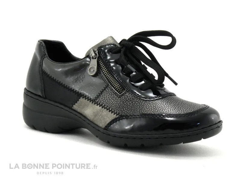 Achat chaussures Rieker Femme Chaussure basse / Derby, vente Rieker L4320-00 baskets vernies noires et grises zip lacets