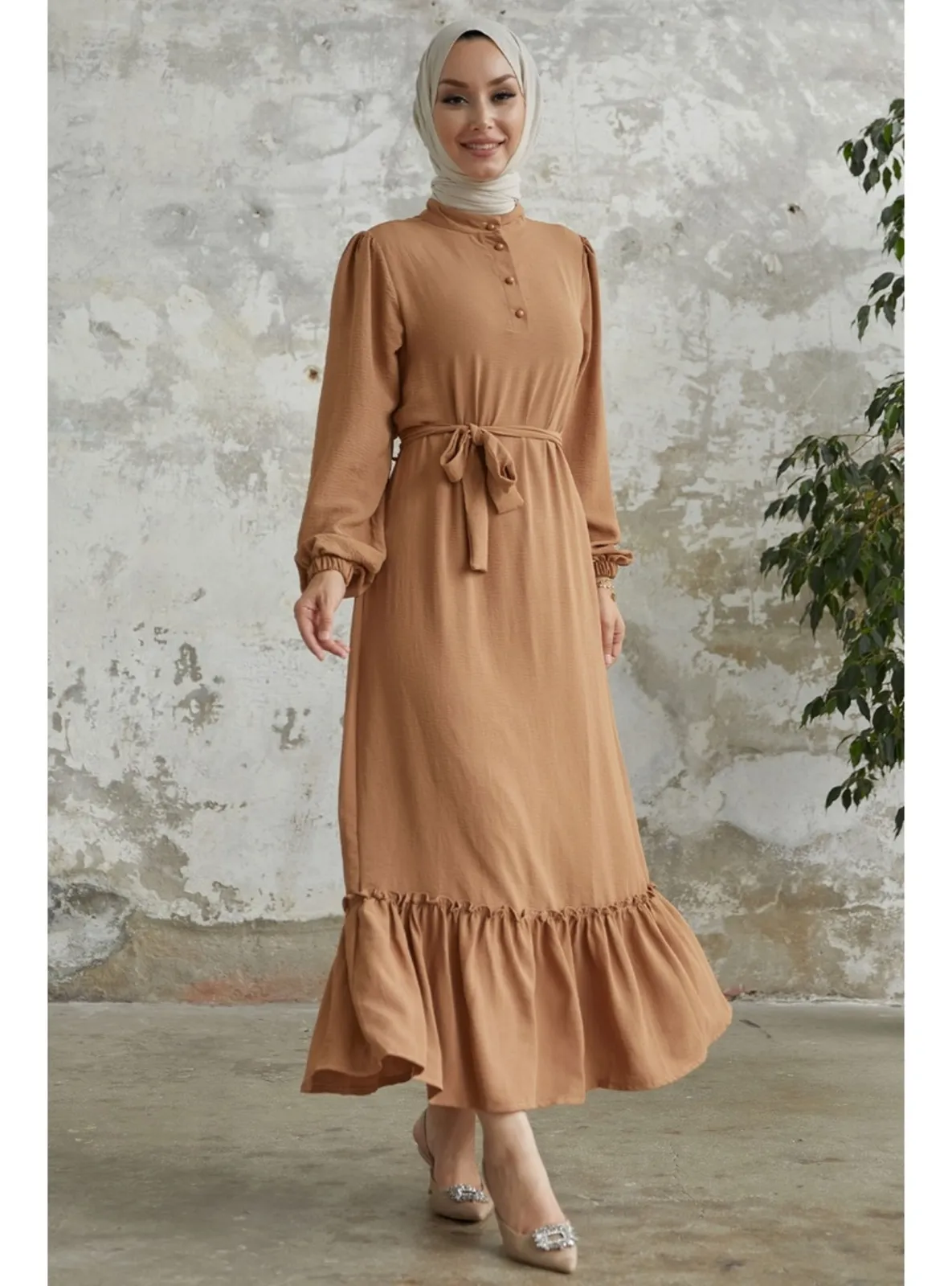 Camel - Button Collar - Unlined - Modest Dress