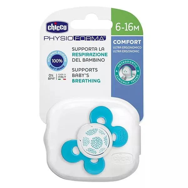 Chicco Sucette Physio Forma Comfort Silicone +6m Bleu Pois + Boîte de Stérilisation