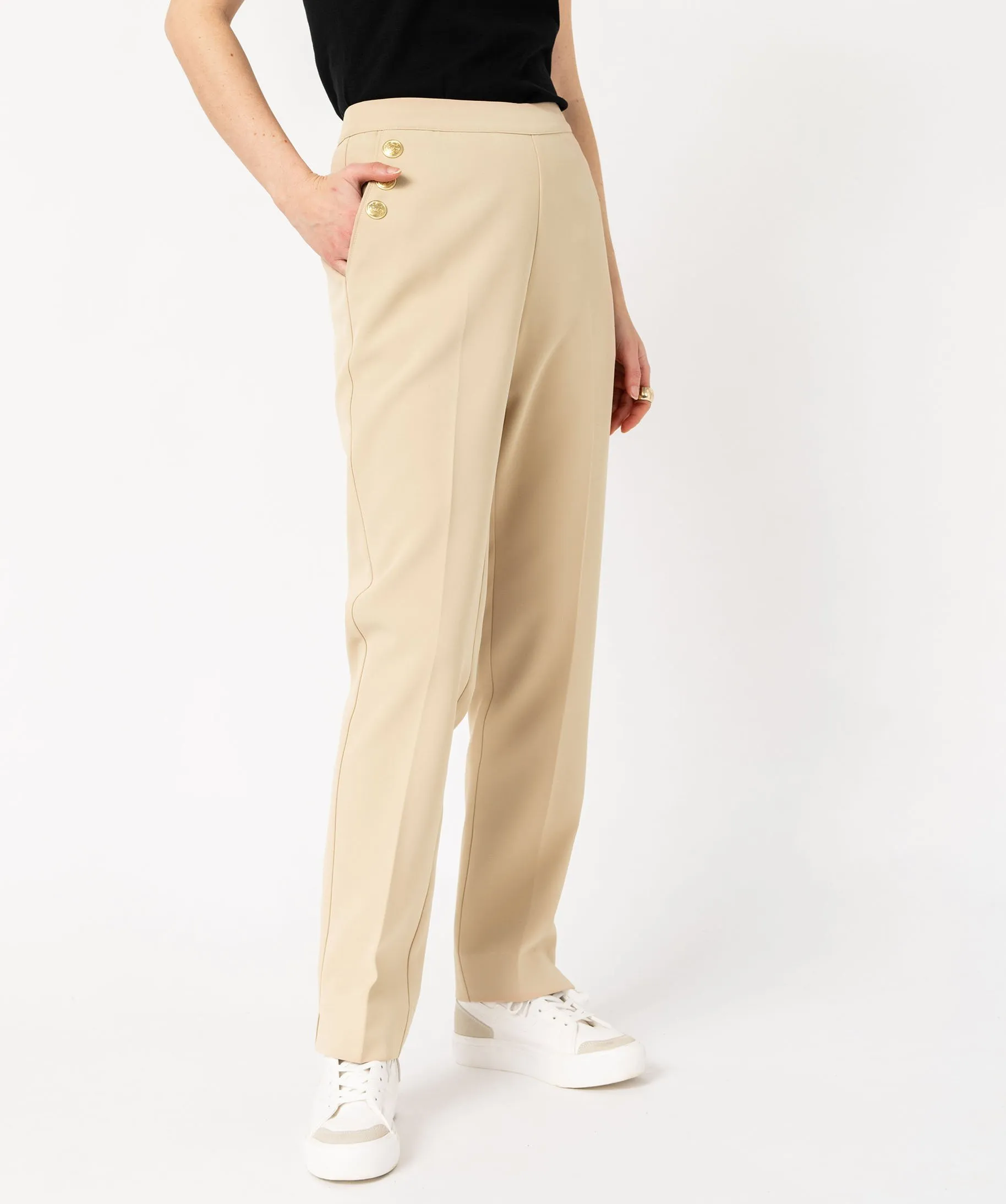 Pantalon avec boutons sur les hanches femme beige