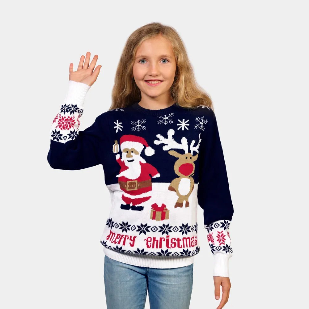 Pull de Nol pour Enfants Bleu Père Nol et Rudolph le Renne Coton Bio