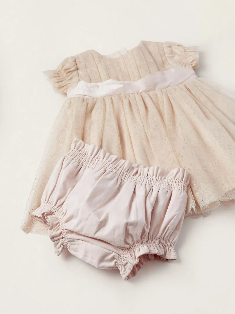 Robe en tulle avec paillettes + Bloomer pour nouveau-nés manches courtes CÉRÉMONIE - Rose