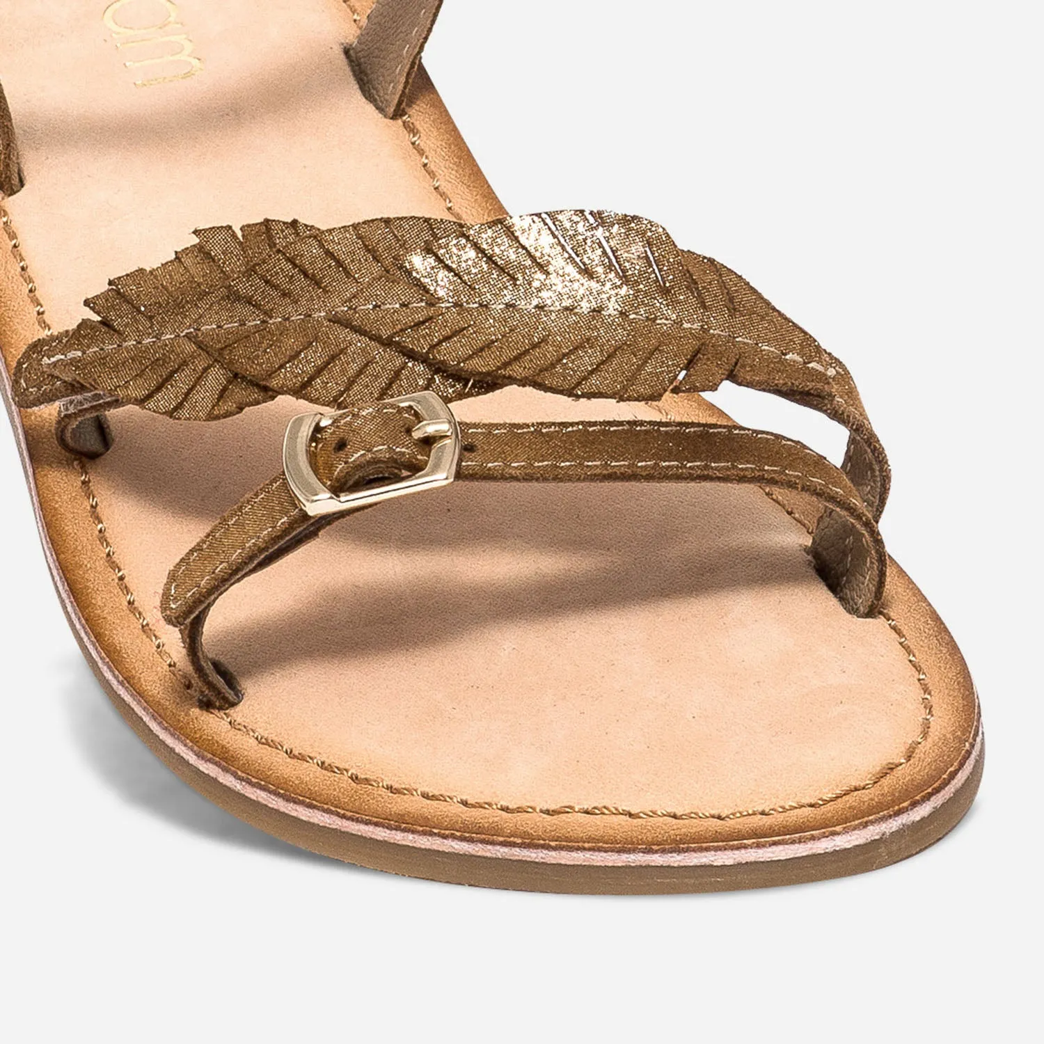 Sandale camel en cuir métallisé or à feuilles - Sandales Enfant | ERAM