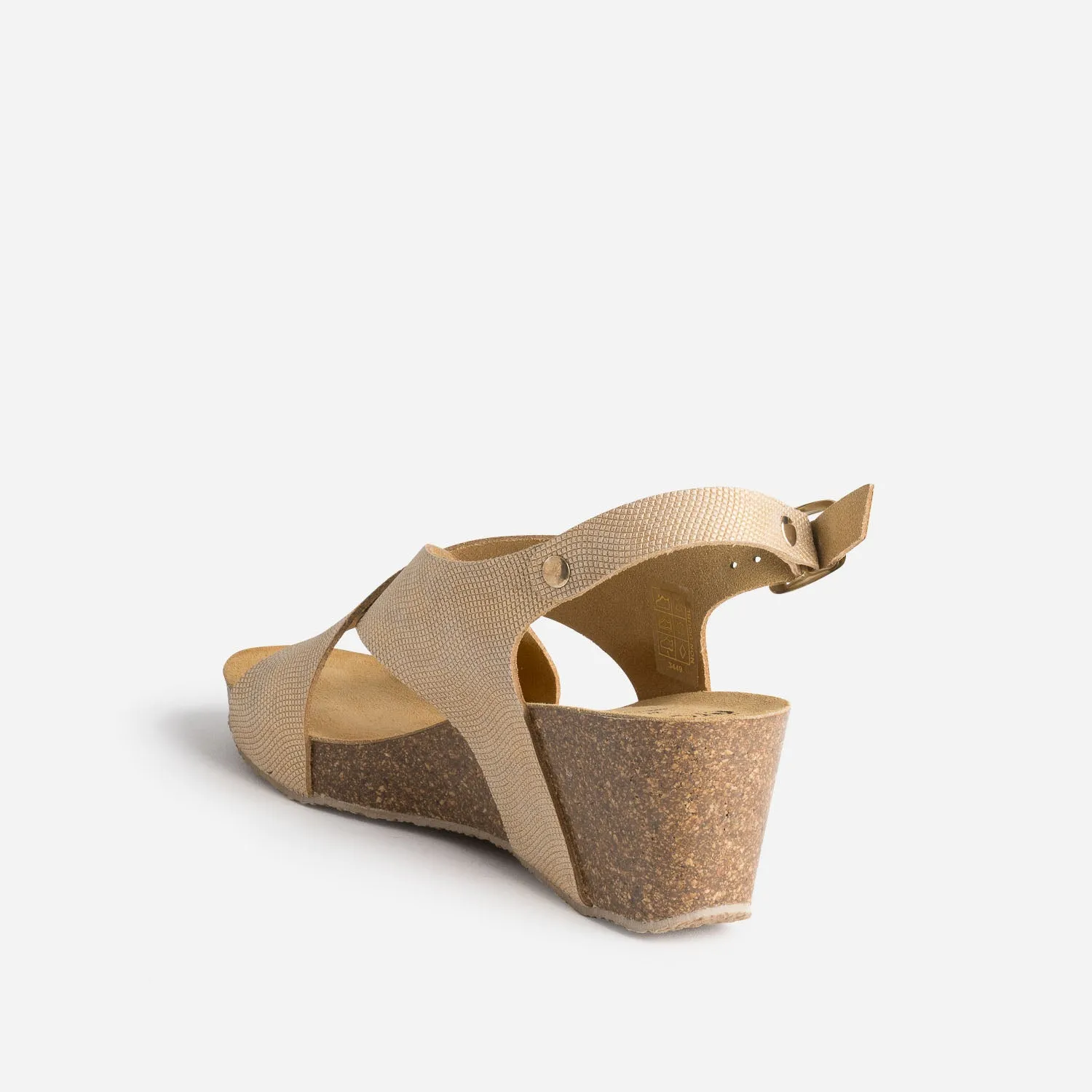 Sandale compensée anatomique beige doré en cuir embossé - Sandales Femme | ERAM