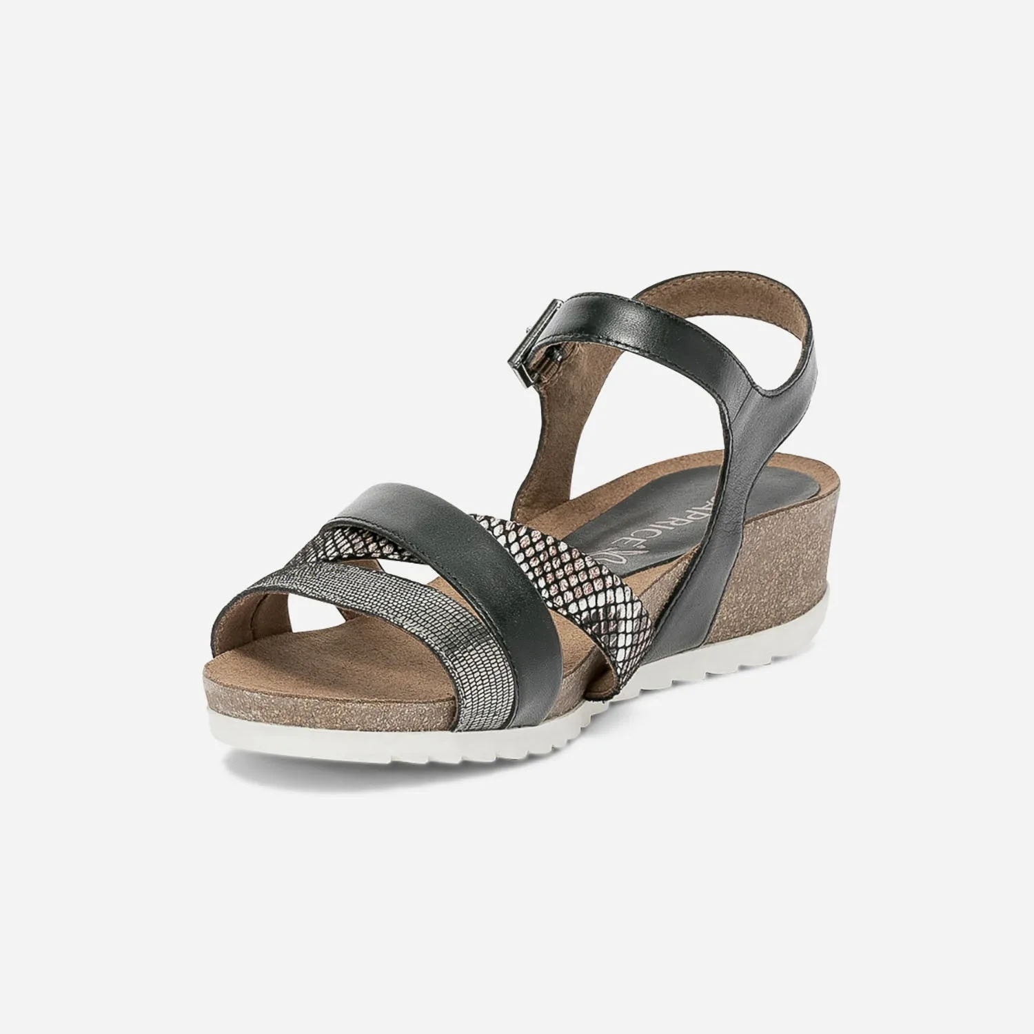 Sandale compensée CAPRICE noire et argent en cuir - Sandales Femme | ERAM