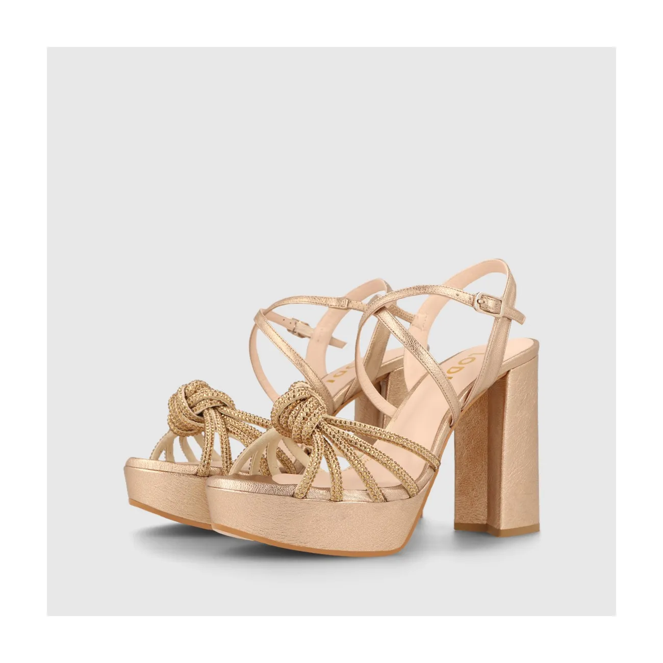 sandale en piel metalizada con destellos de color oro y detalle de nudo con tiras de cristal | LODI chaussures de femmes en lign