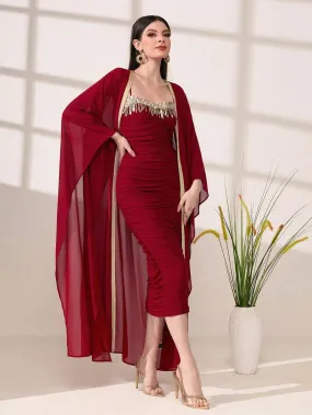 SHEIN Modely Contrast Sequin Ruched Cami Dress & Coat