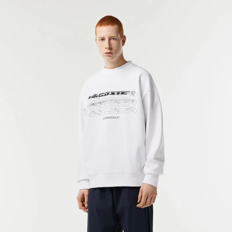 SWEATSHIRT LACOSTE LOOSE FIT BLANC AVEC MARQUAGES SUR LE DEVANT